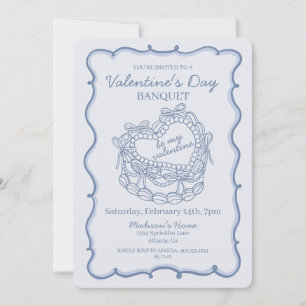Blue Bow Retro Heart Coquette Cake Valentine Invitation