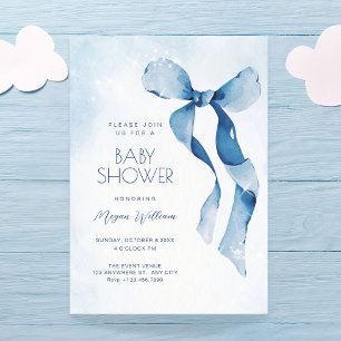 Blue bow ribbon baby shower invitation