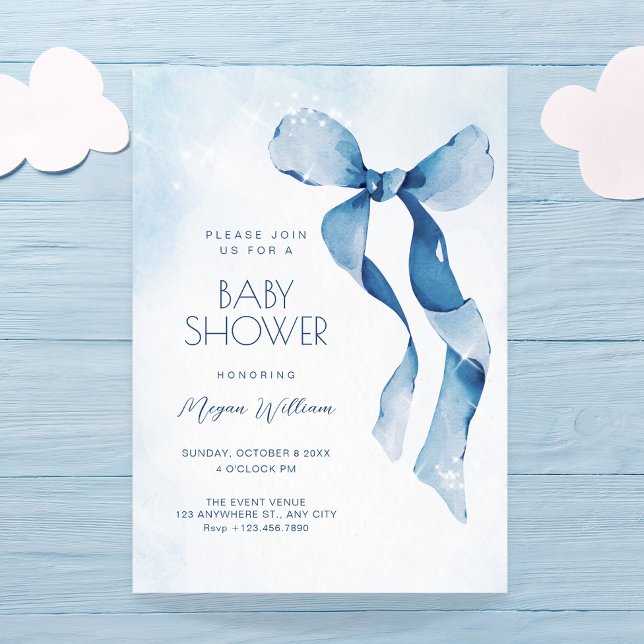 Blue bow ribbon baby shower invitation (Creator Uploaded)