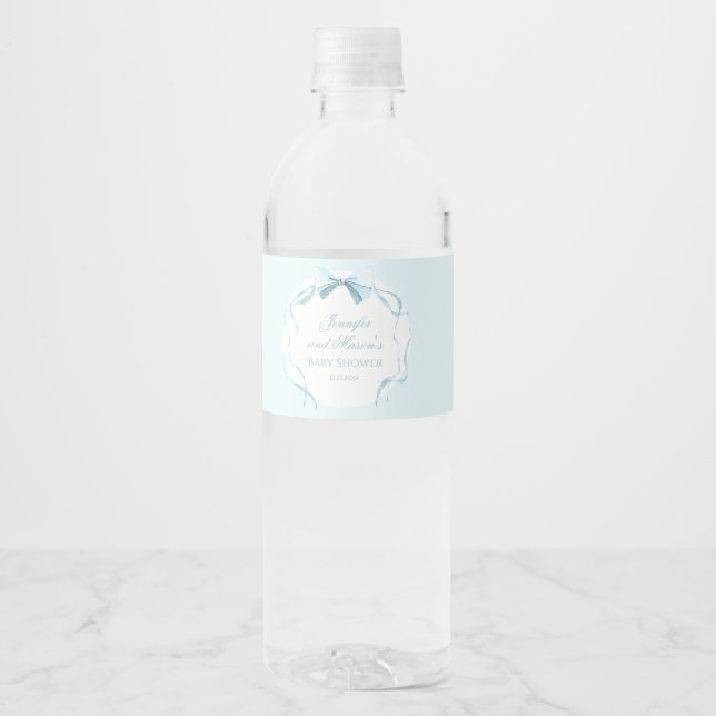 Blue bow ribbon baby shower water bottle labels (Front)