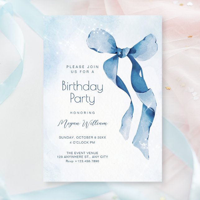 Blue bow ribbon birthday invitation (Creator Uploaded)