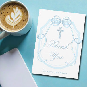 Blue Bow Ribbon Christian Cross Personalised Thank You Card