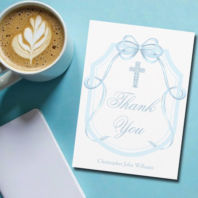 Blue Bow Ribbon Christian Cross Personalised Thank You Card (Creator Uploaded)