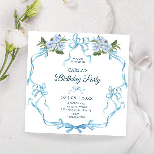 Blue bow ribbon floral birthday invitation