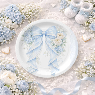 Blue Bow Ribbon Floral Lace Baby Shower Paper Plate