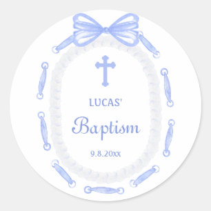 Blue Bow Ribbon Frame Baptism Classic Round Sticker