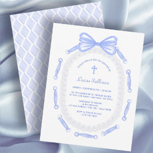 Blue Bow Ribbon Frame Baptism Invitation