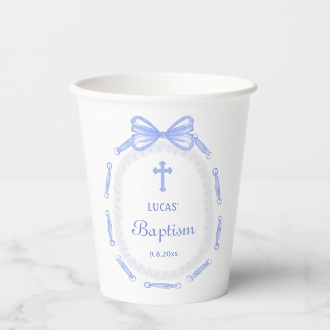 Blue Bow Ribbon Frame Baptism Paper Cups (Front)