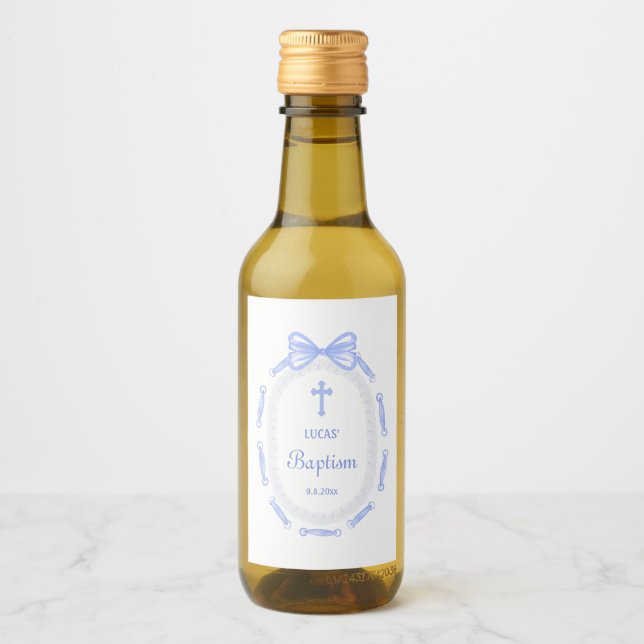 Blue Bow Ribbon Frame Baptism Wine Label (Front)