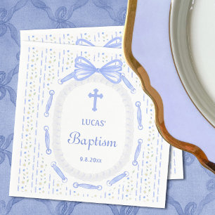 Blue Bow Ribbon Frame Floral Baptism Napkin