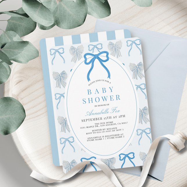Blue Bow Ribbon Pattern Boy Baby Shower Invitation (Creator Uploaded)