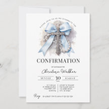 Blue Bow & Rosary Confirmation Invitation