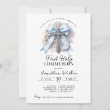 Blue Bow & Rosary First Communion Invitation