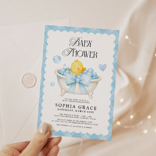 Blue Bow Rubber Duck Baby Shower Invitation