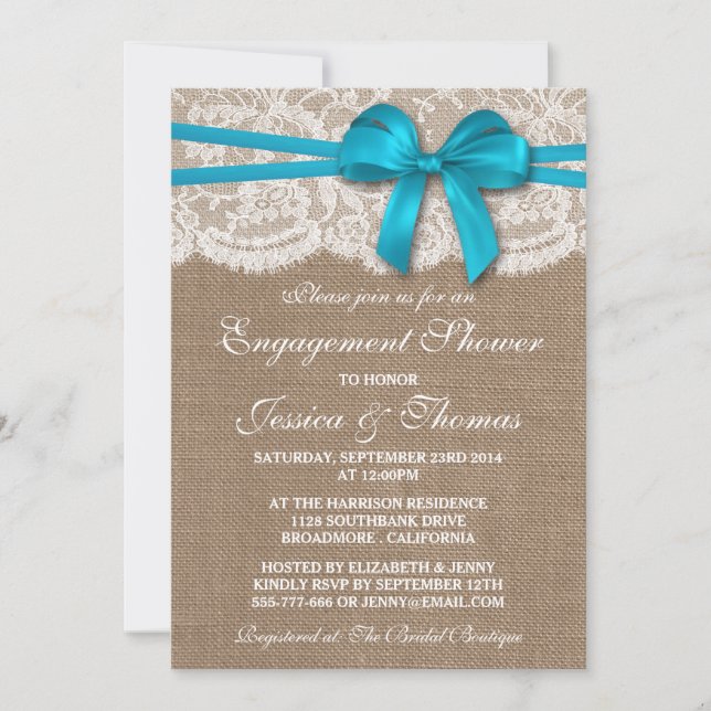 Blue Bow Rustic Burlap & Lace Engagement Shower Invitation (Front)