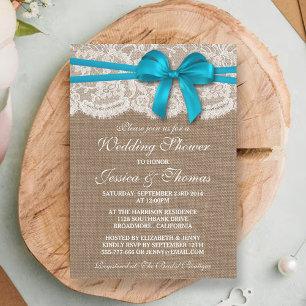 Blue Bow Rustic Burlap & Lace Wedding Shower Invitation