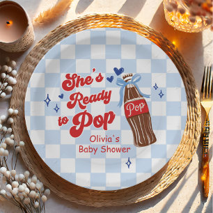 Blue Bow She's Ready to Pop Baby Shower Paper Plate