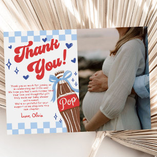 Blue Bow She's Ready to Pop Baby Shower Photo Thank You Card
