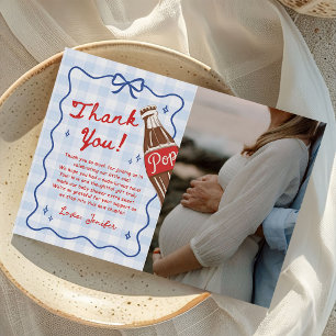 Blue Bow She's Ready to Pop Baby Shower Photo Thank You Card