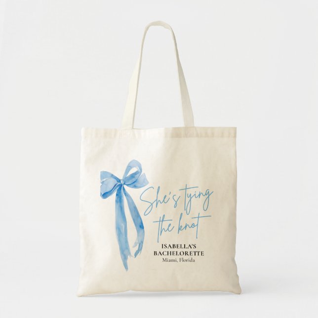 Blue Bow She's Tying the Knot Bachelorette Party Tote Bag (Front)