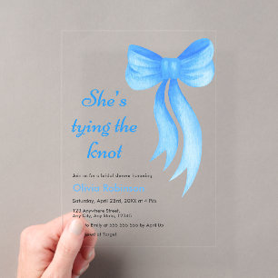 Blue Bow She's Tying the Knot Bridal Shower Acrylic Invitations