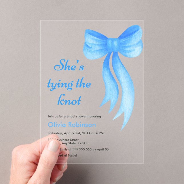 Blue Bow She's Tying the Knot Bridal Shower  Acrylic Invitations (Insitu (Handheld))