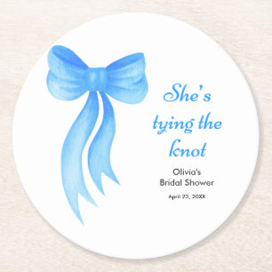 Blue Bow She's Tying the Knot Bridal Shower Round Paper Coaster