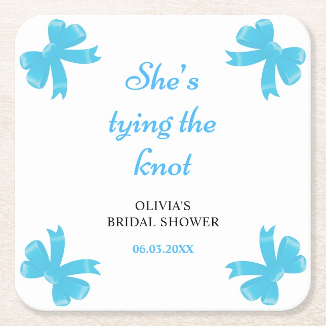 Blue Bow She's Tying The Knot Bridal Shower Square Paper Coaster (Front)