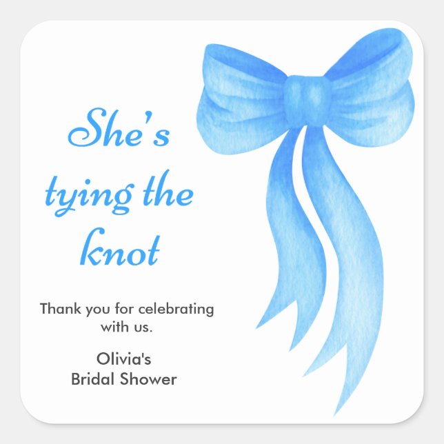 Blue Bow She's Tying the Knot Bridal Shower   Square Sticker (Front)