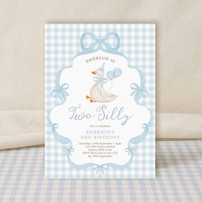 Blue Bow Silly Goose Balloon Kids 2nd Birthday Invitation (Creator Uploaded)