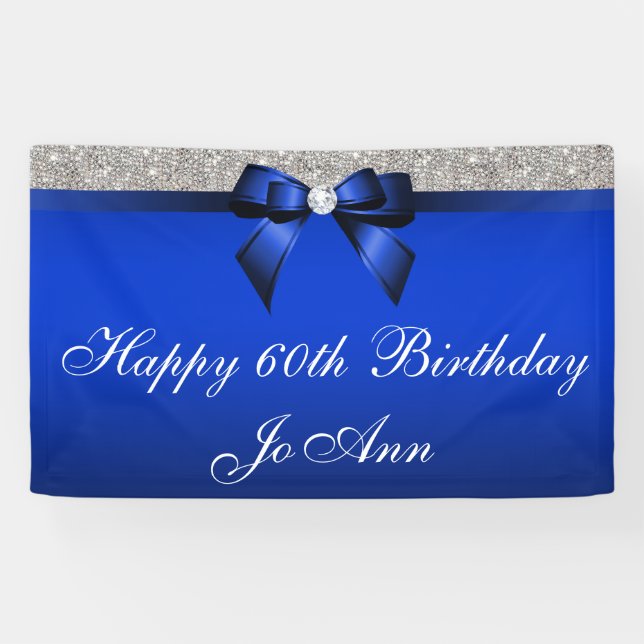 Blue Bow Silver Sequins Personalised Birthday Banner (Horizontal)