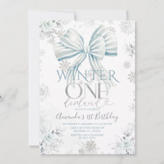 Blue Bow Silver Snow Winter Onederland Birthday Invitation