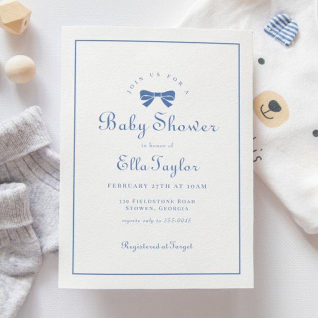 Blue Bow Simple Elegant Boy Baby Shower Invitation (Creator Uploaded)