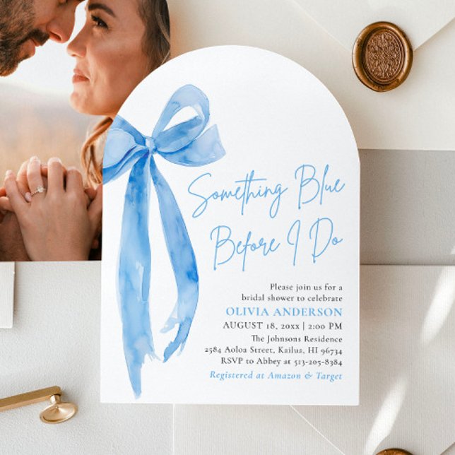 Blue Bow Something Blue Before I Do Bridal Shower Invitation (Modern Watercolor Blue Bow Something Blue Before I Do Arch Bridal Shower Invitation)