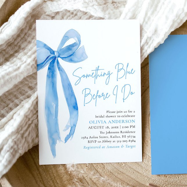 Blue Bow Something Blue Before I Do Bridal Shower Invitation (Modern Watercolor Blue Bow Something Blue Before I Do Bridal Shower Invitation)