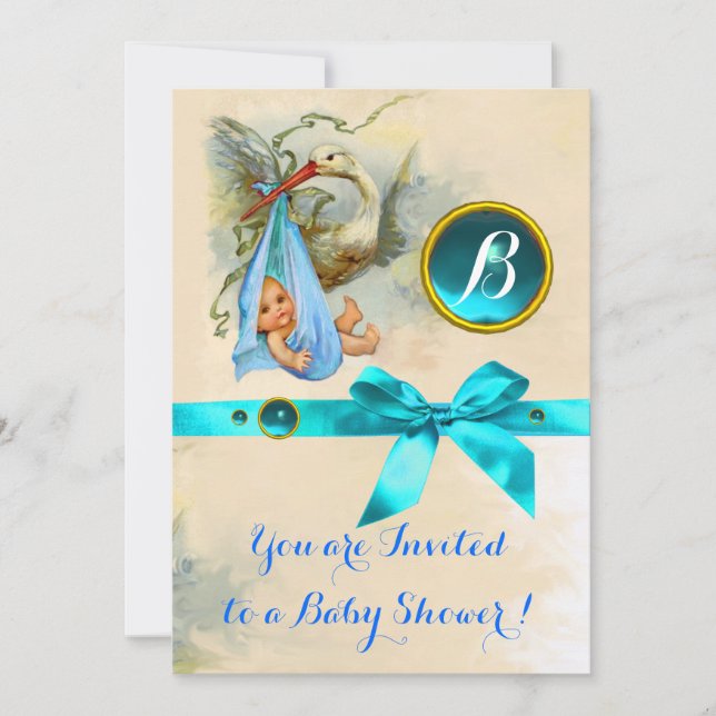 BLUE BOW STORK BABY BOY SHOWER GEMSTONE MONOGRAM INVITATION (Front)