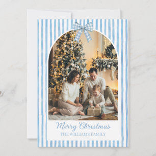 Blue Bow Stripe Christmas Photo Holiday Card
