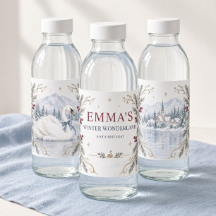 Blue Bow Swan Winter Birthday Water Bottle Label