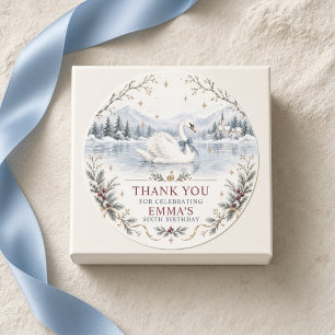 Blue Bow Swan Winter Wonderland Birthday Thank You Classic Round Sticker