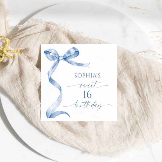 Blue Bow Sweet 16 Birthday Party Napkin (Creator Uploaded)