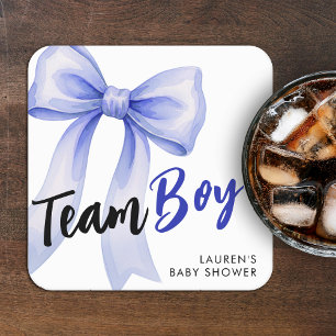 Blue Bow Team Boy Ribbon Cute Baby Shower Square Paper Coaster