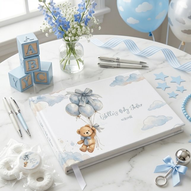 Blue Bow Teddy Bear Balloons Clouds Baby Boy Guest Book (Creator Uploaded)