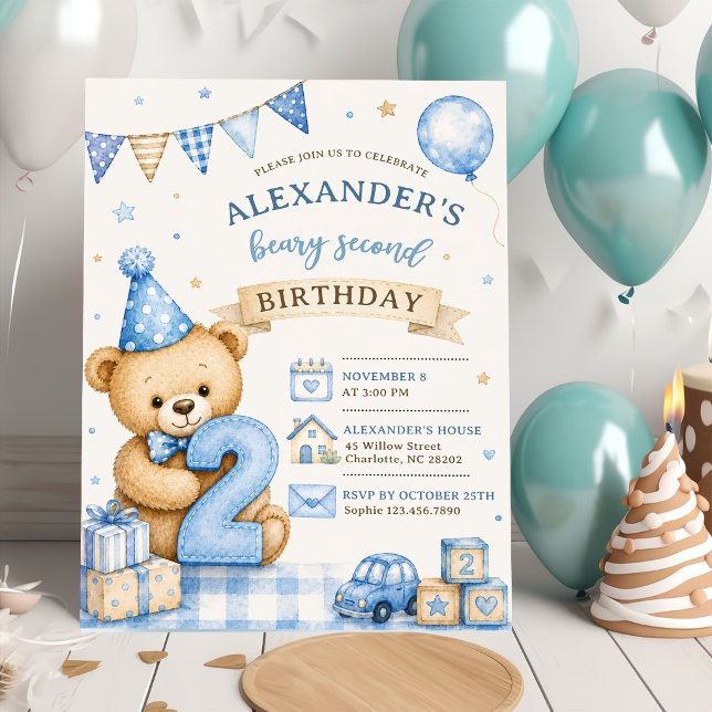 Blue Bow Teddy Beary Second Birthday Invitation (Creator Uploaded)