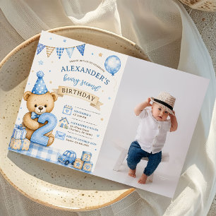 Blue Bow Teddy Beary Second Birthday Photo Invitation