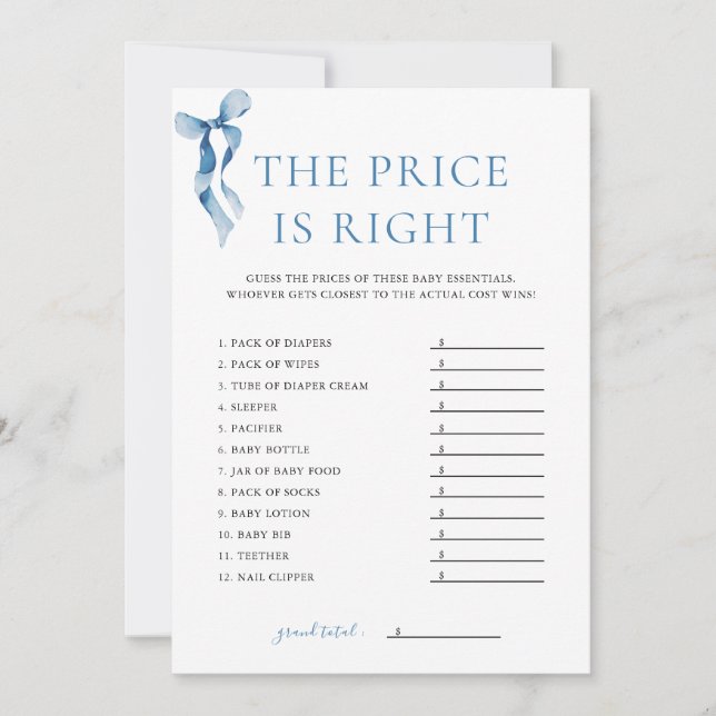 Blue Bow The Price is Right Baby Shower Game Card (Front)