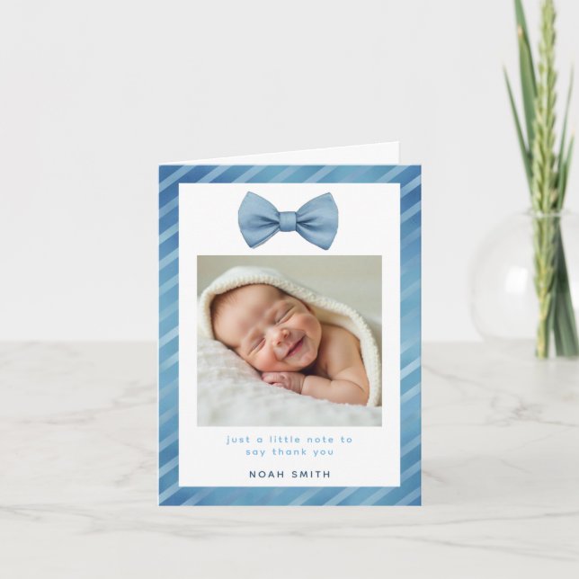 Blue Bow Tie Baby Shower Thank You Photo Card (Front)