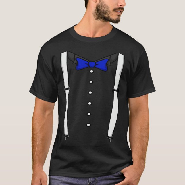 Blue Bow Tie Suspenders Cummerbund Tuxedo Bow Tie T-Shirt (Front)