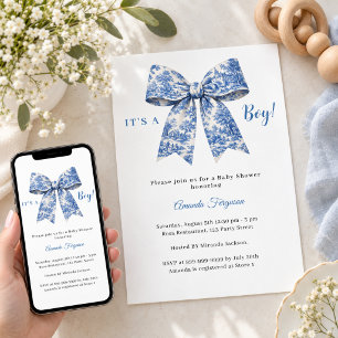 Blue bow toile boy Baby Shower Invitation