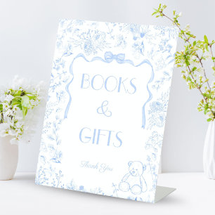 Blue Bow Toile de Jou Baby Shower Books and Gifts Pedestal Sign