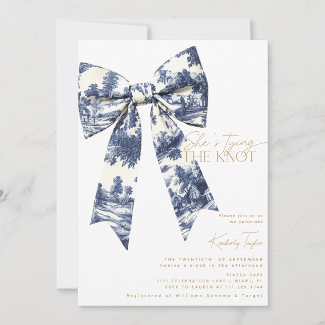 Blue Bow Toile She's Tying The Knot Bridal Shower Invitation (Front)